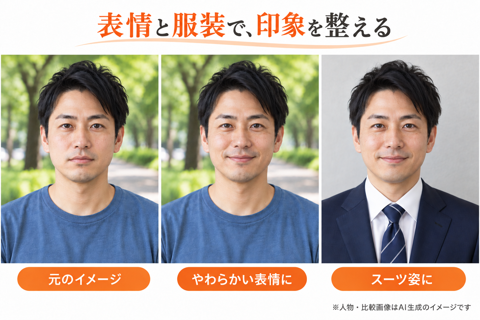 固い表情の普段着から、やわらかい表情、スーツ姿への変化を示すAI生成の比較イメージ